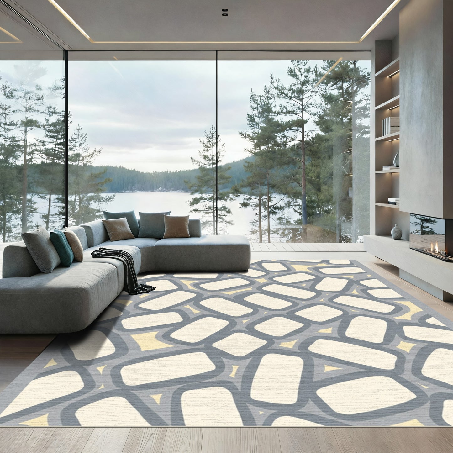Gray Yellow Pillow Stack Rug