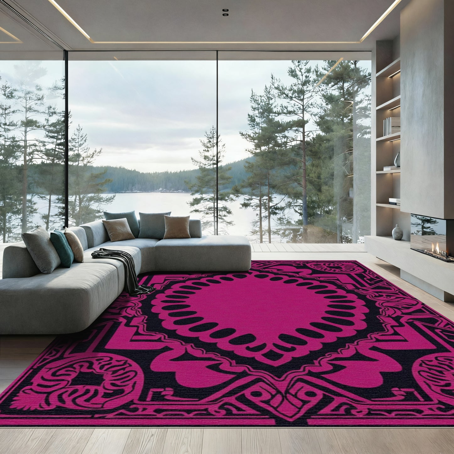 Bold Magenta Geometric Ornamental Frame Rug
