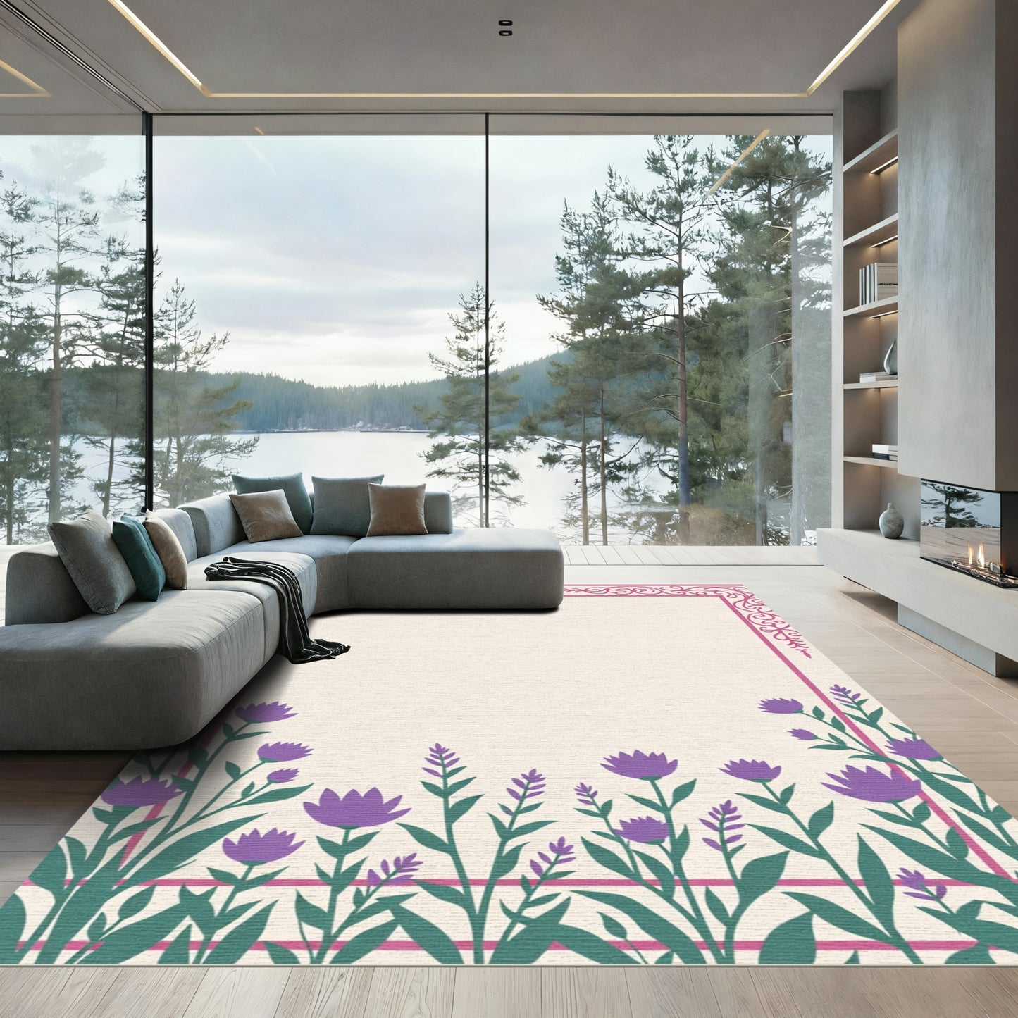 Ornate Lilac Floral Border Rug