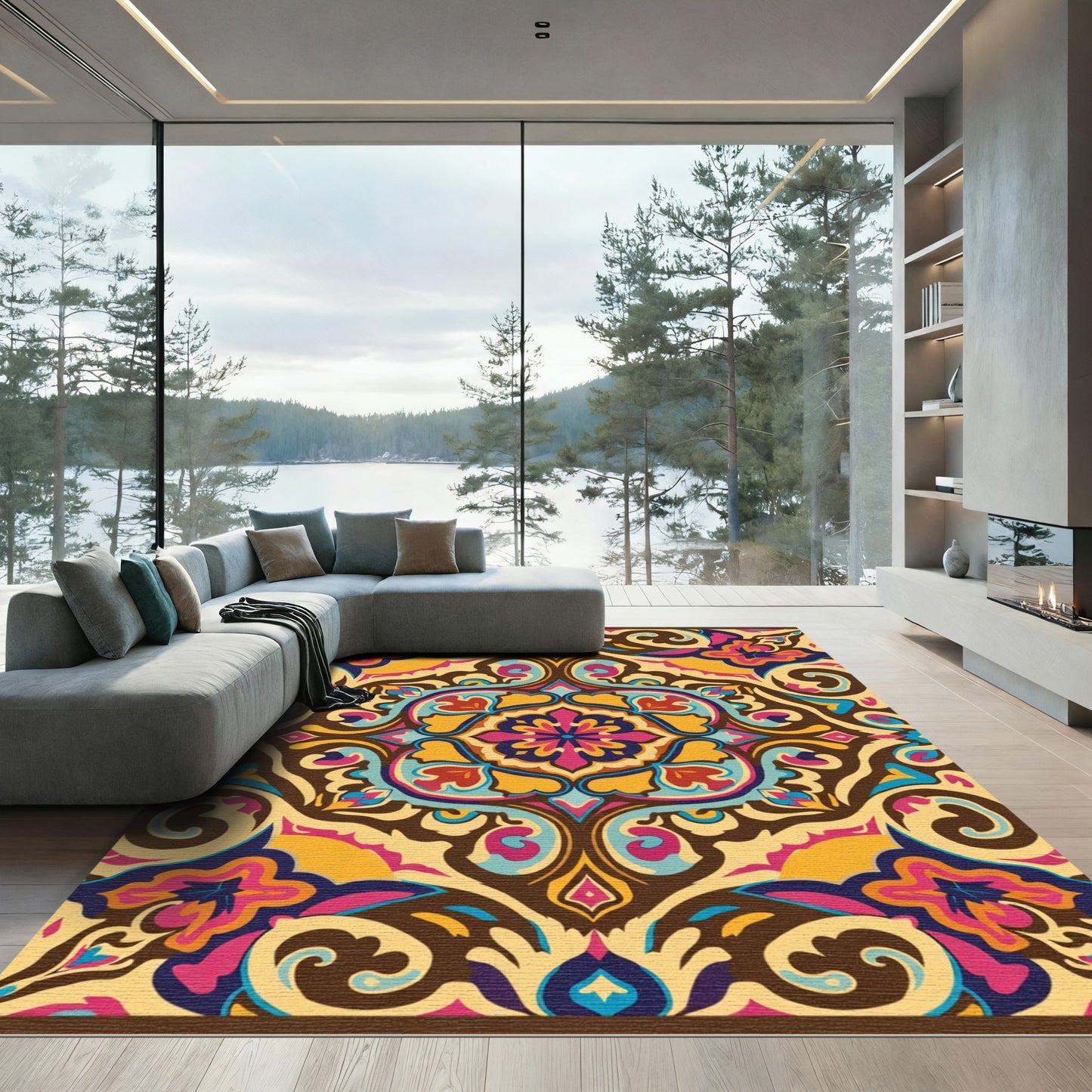 Vibrant Yellow Floral Arabesque Rug