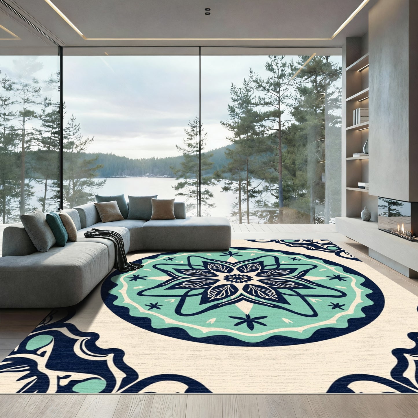 Navy Teal Cream Floral Medallion Rug