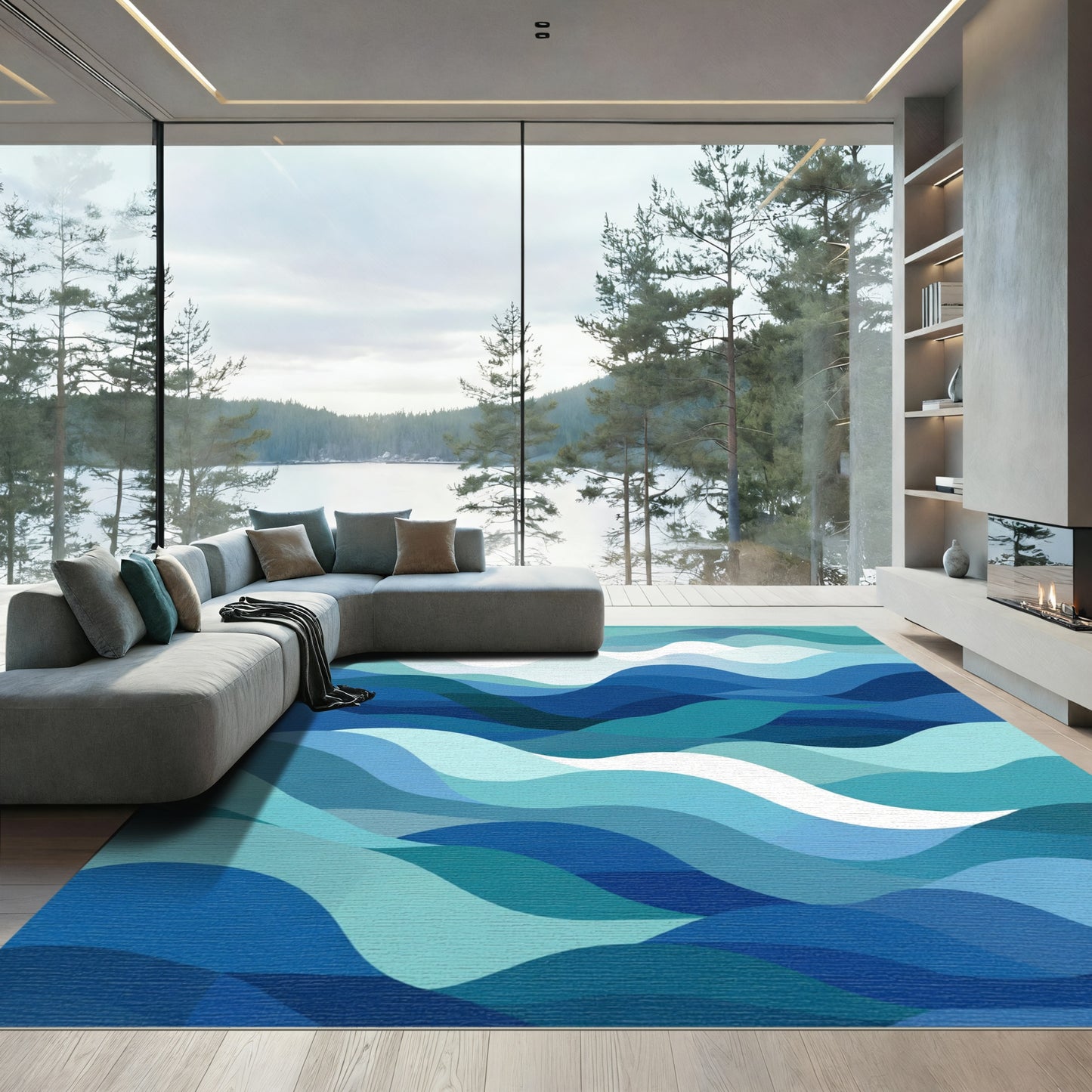 Oceanic Wave Layers Abstract Blue Rug