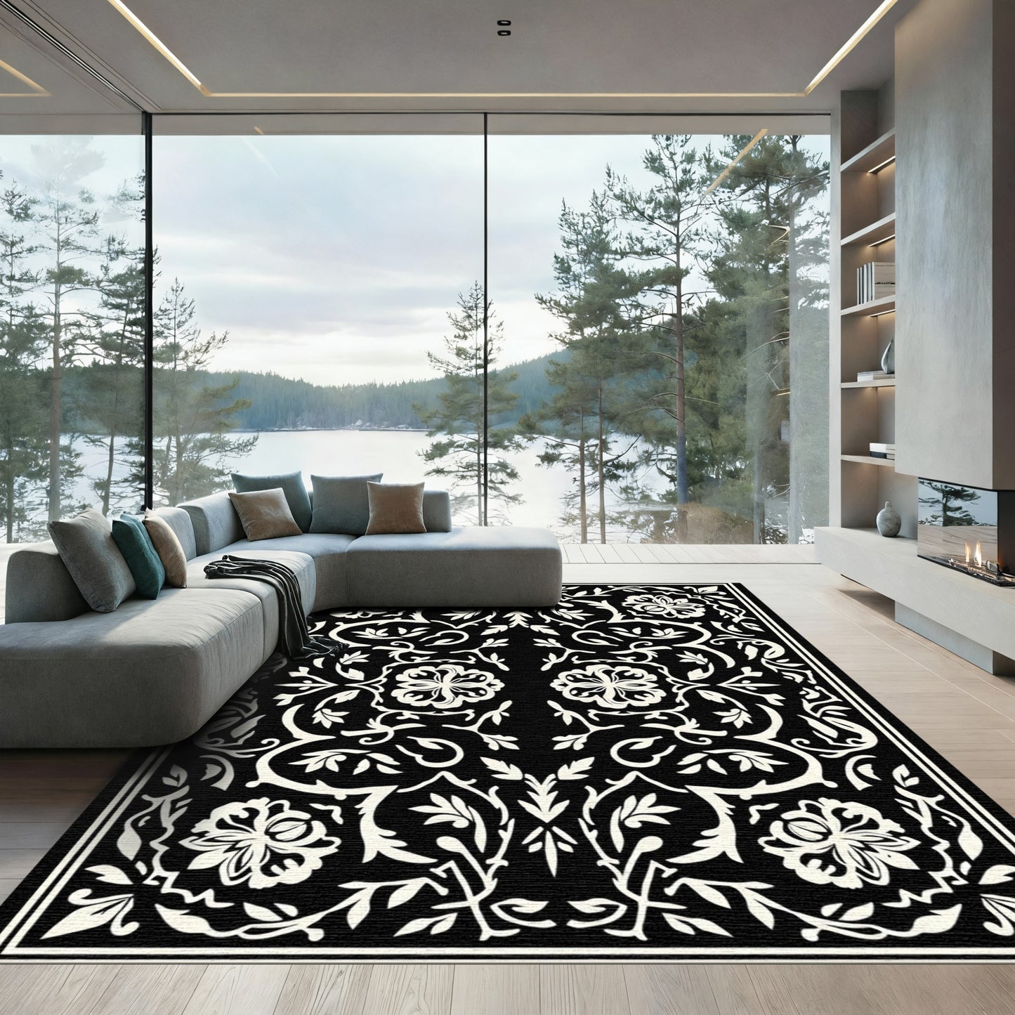 Black White Floral Scrollwork Rug
