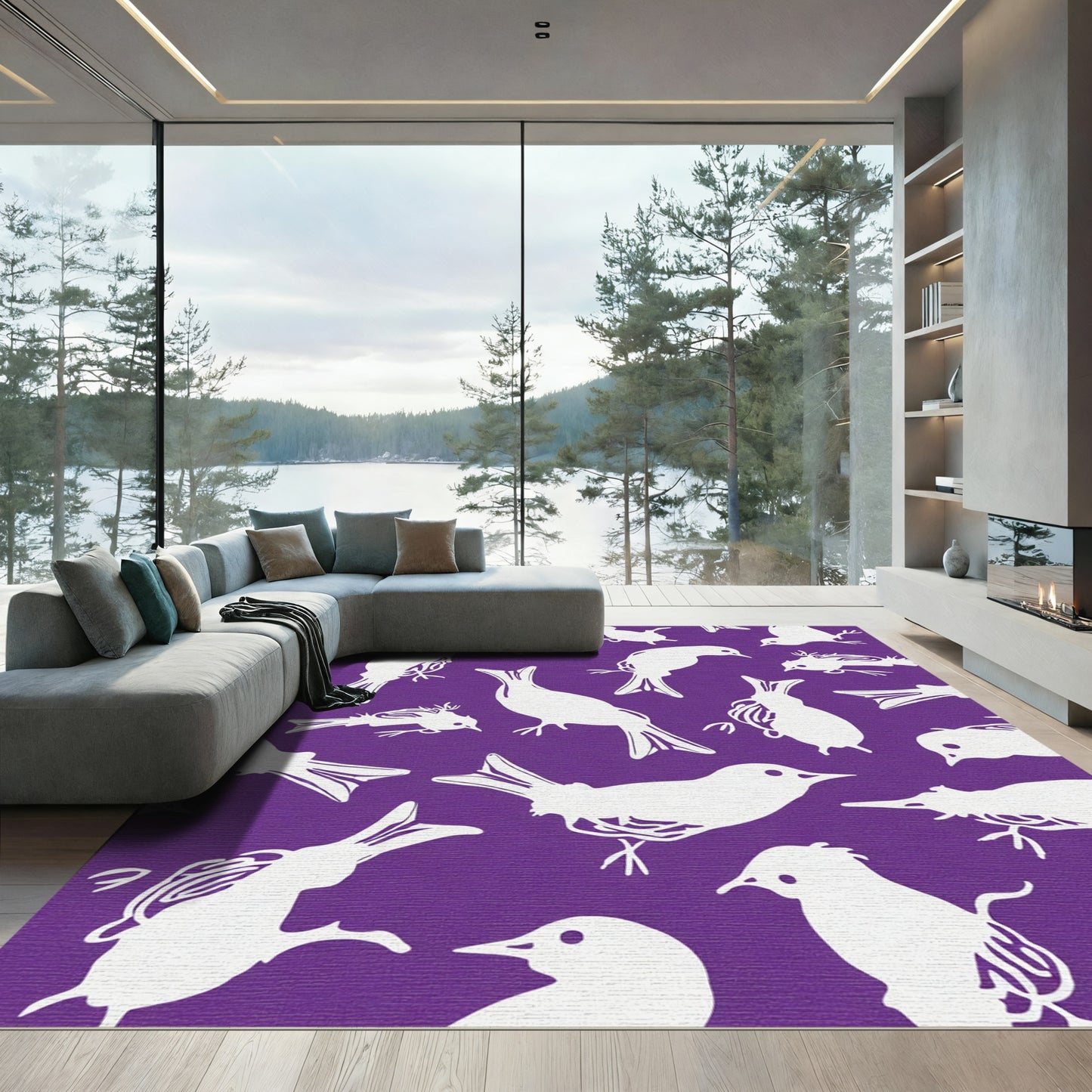 Purple White Bird Flock Composition Rug