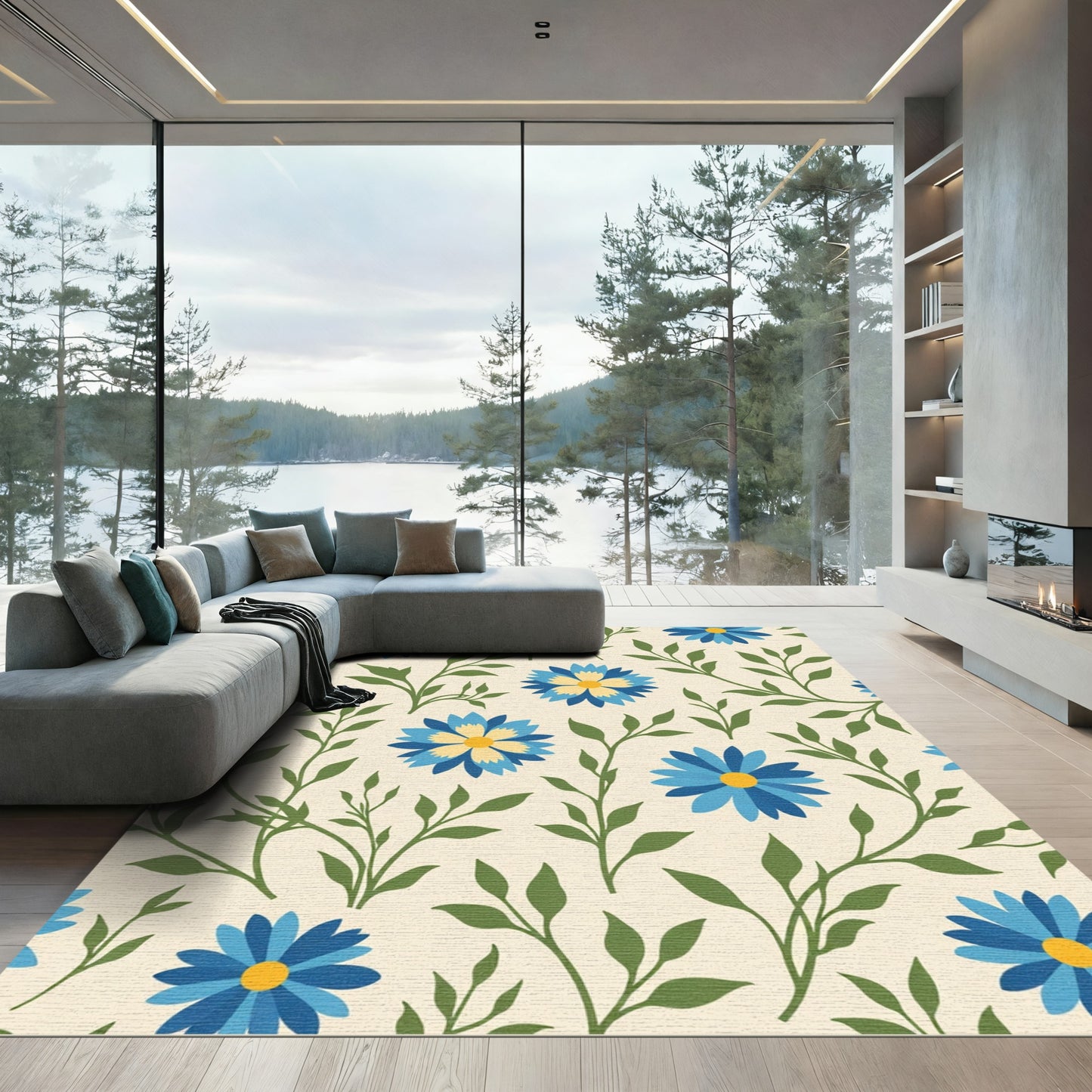 Blue Yellow Daisy Garden Branch Rug
