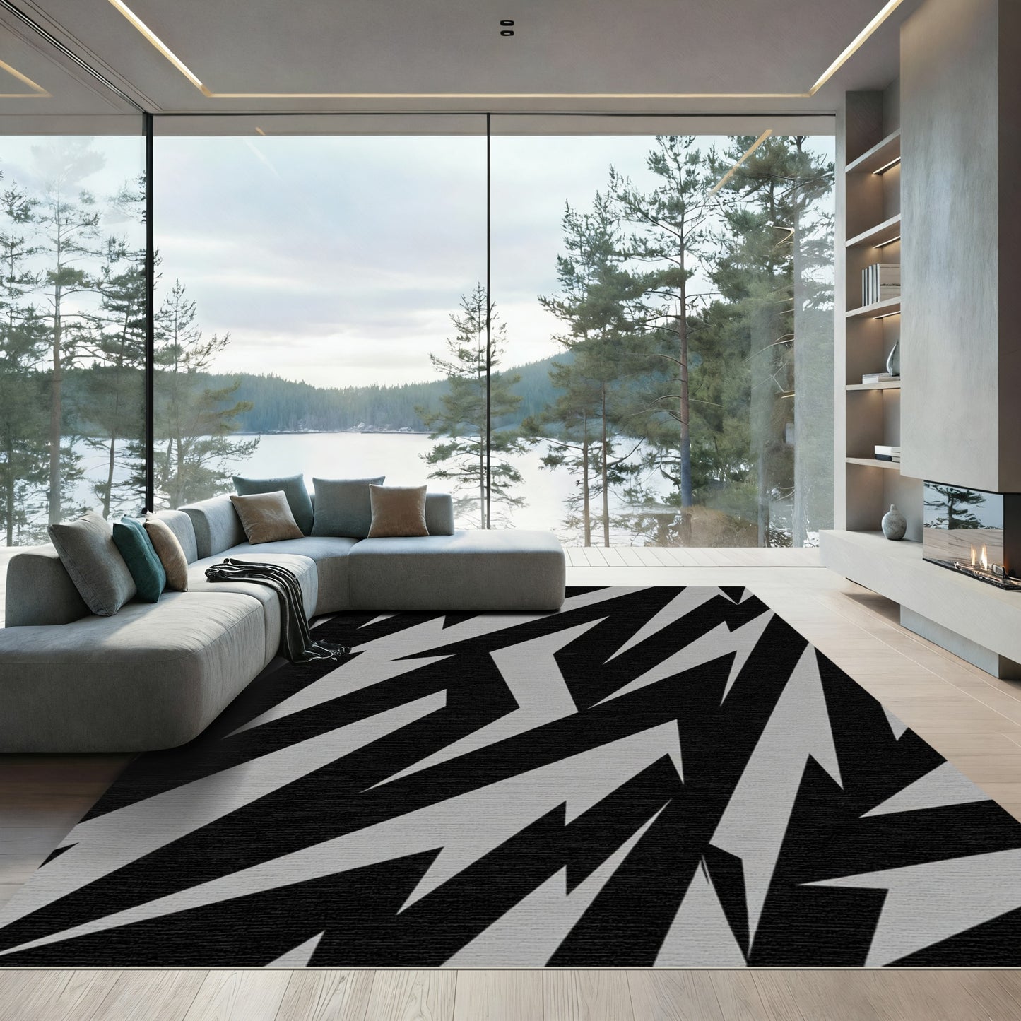 Jagged Black Light Grey Abstract Rug