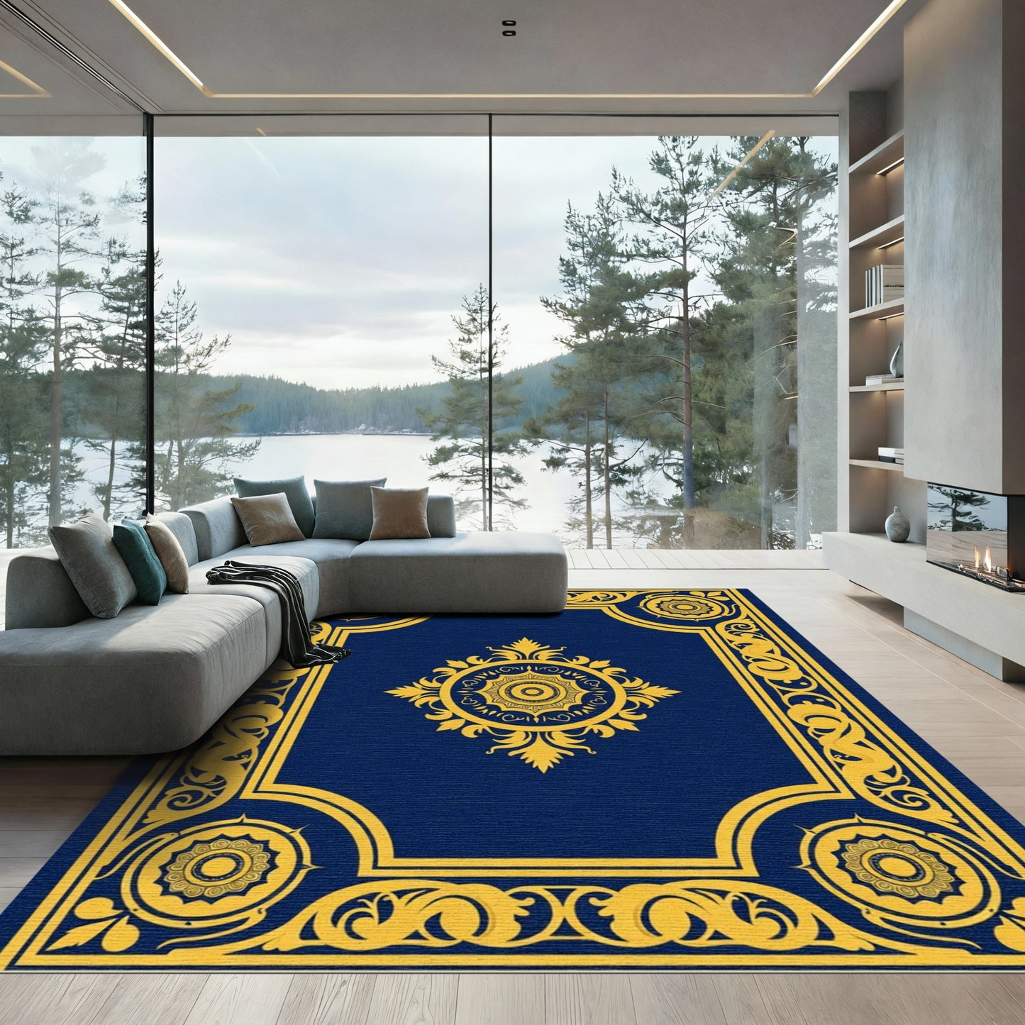 Regal Blue Golden Medallion Border Rug