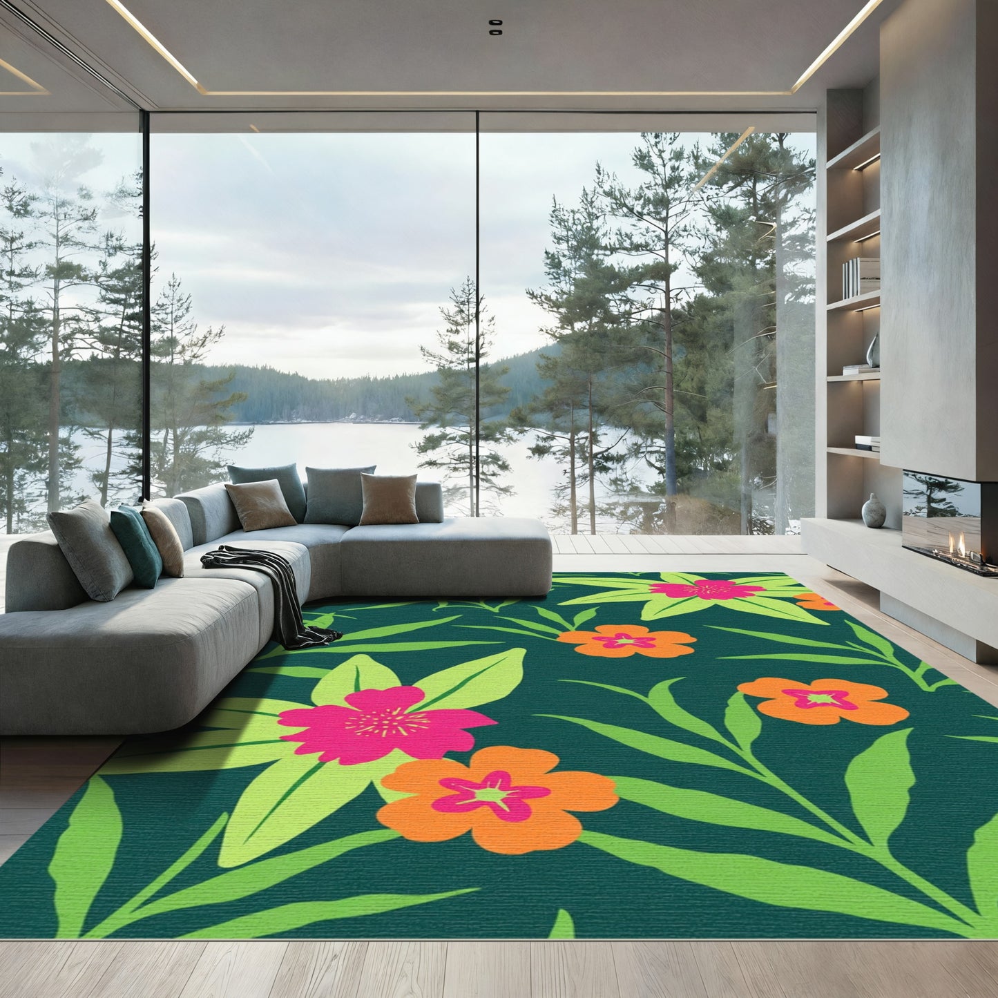 Vibrant Pink Orange Floral Foliage Rug