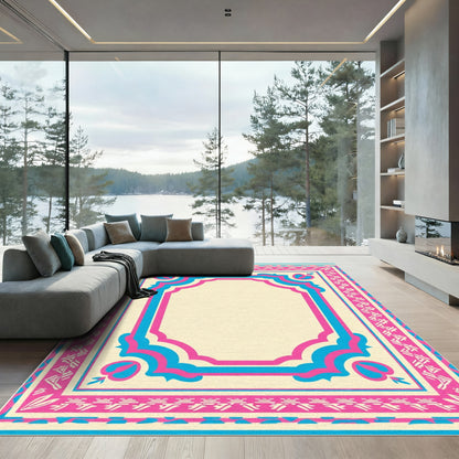 Pink Blue Ivory Geometric Border Rug