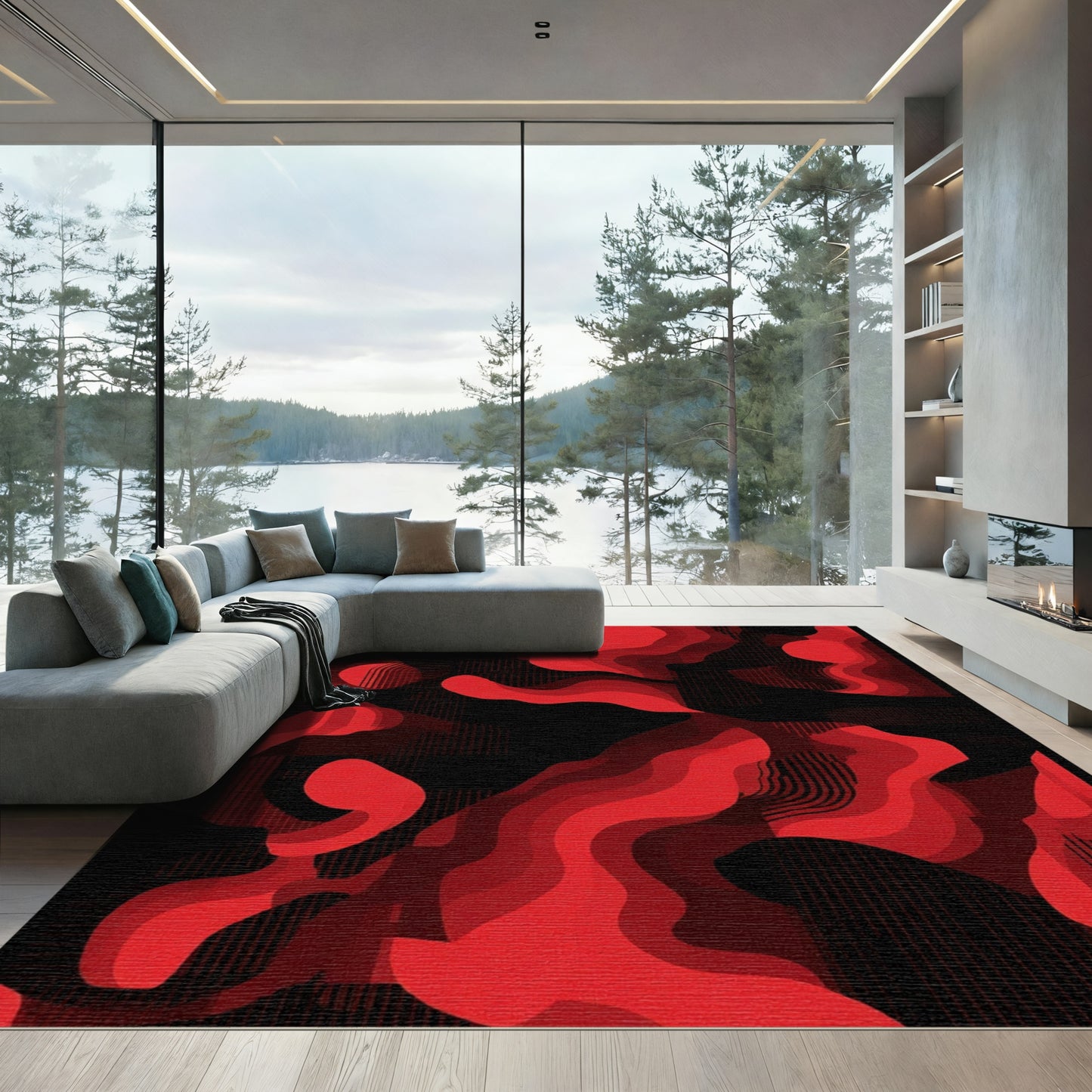 Crimson Abstract Fluid Waves Rug