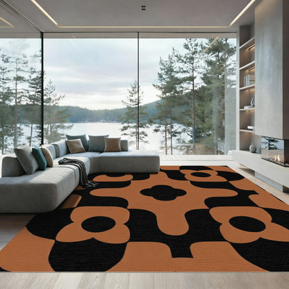 Earthy Brown Black Retro Floral Rug
