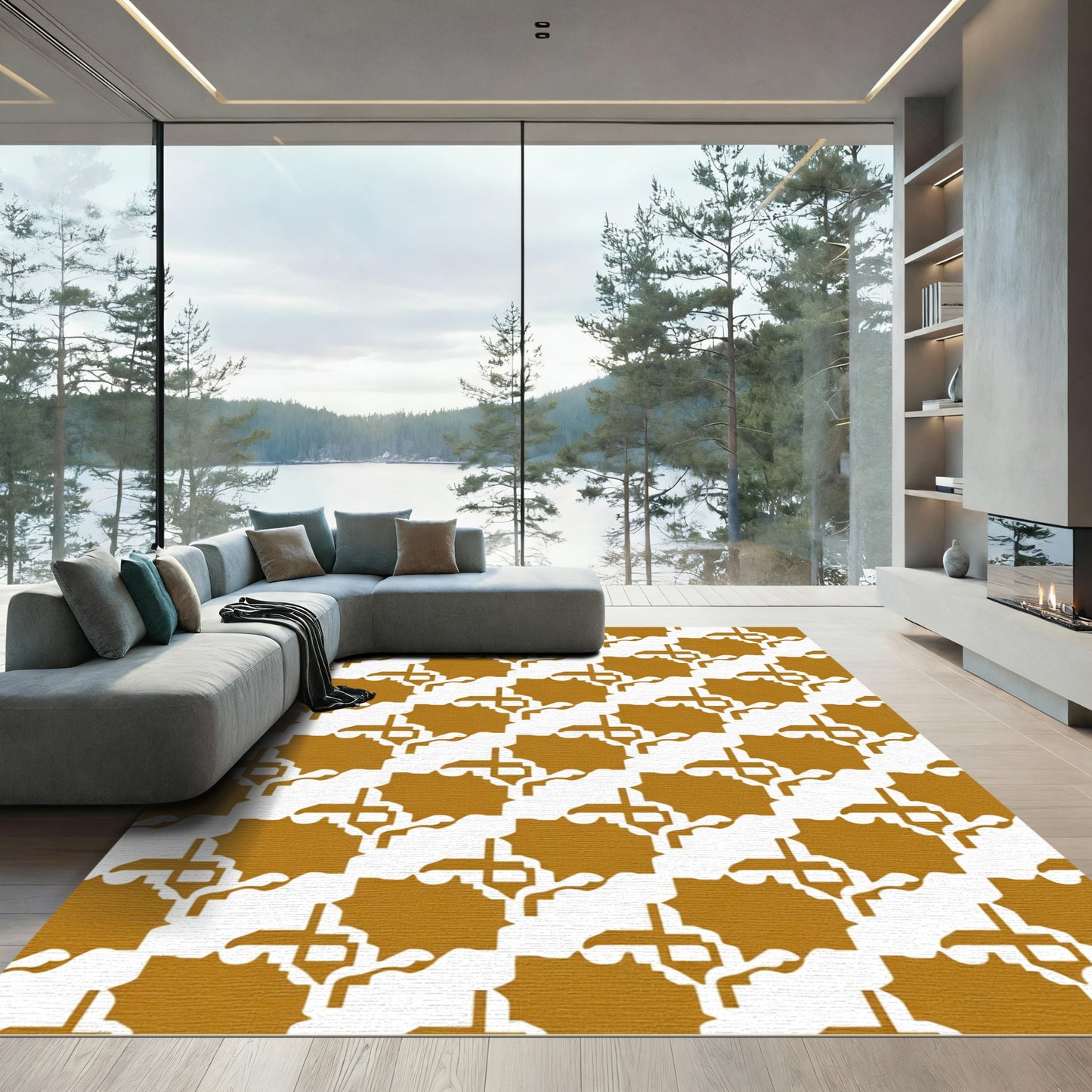 Golden Ochre Repeating Geometric Tile Rug
