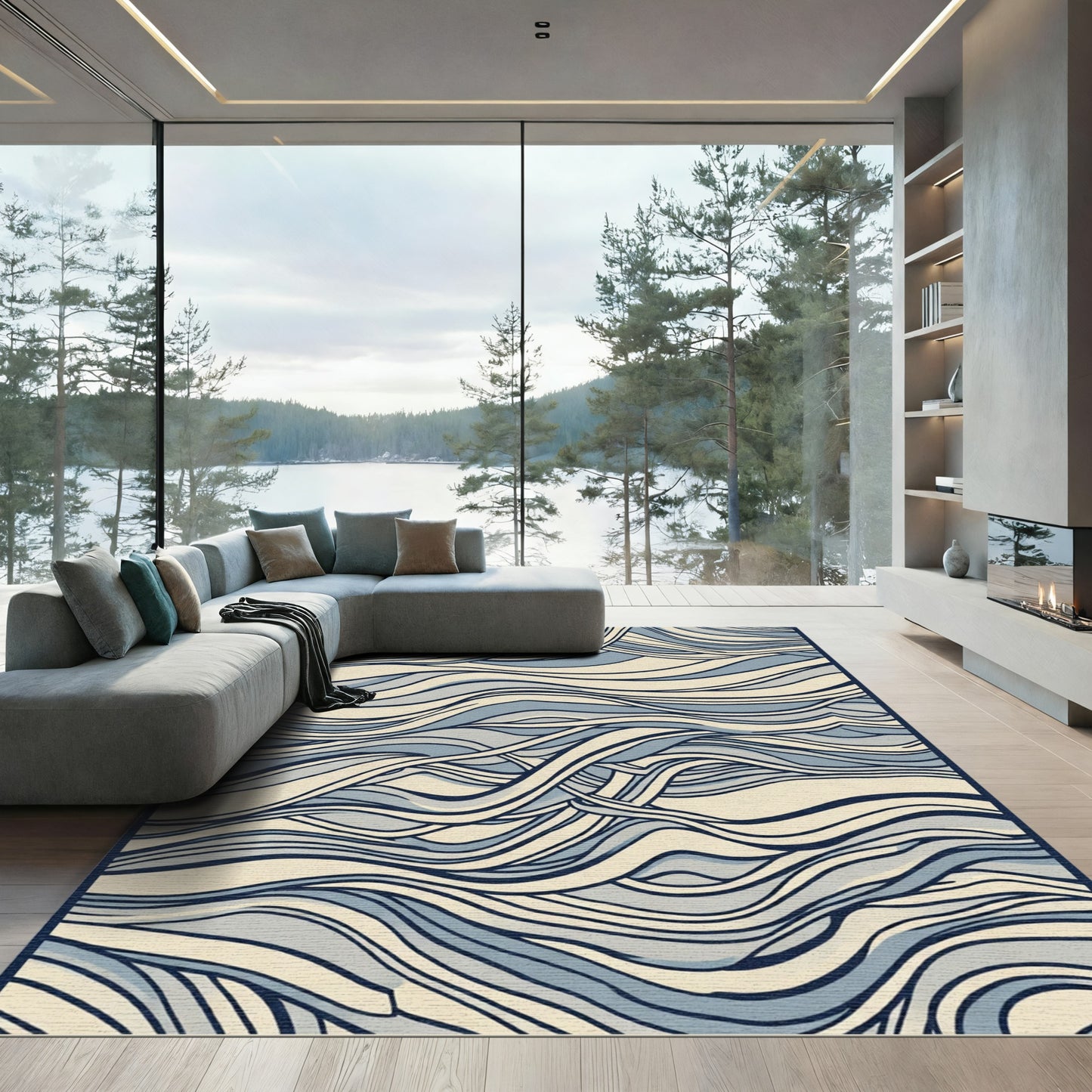 Elegant Blue Swirl Abstract Rug