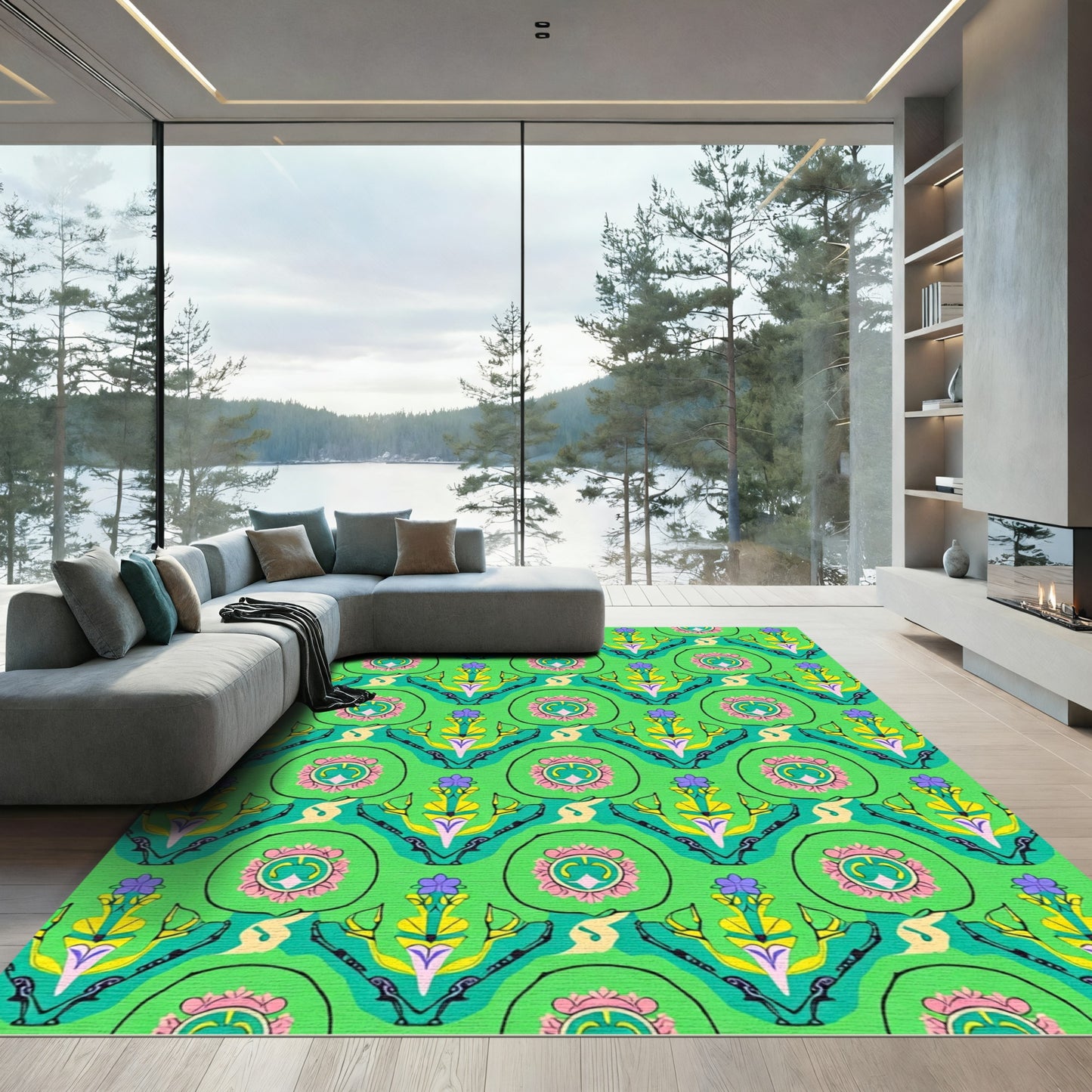 Green Floral Medallion Geometric Rug