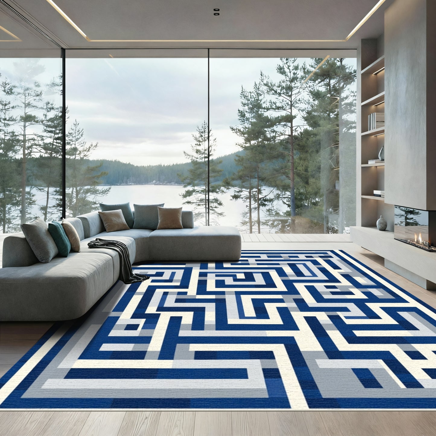 Navy Blue Geometric Maze Rug