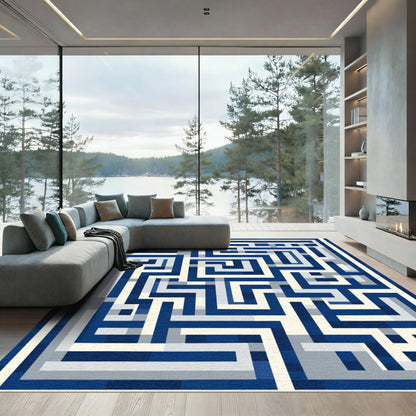 Navy Blue Geometric Maze Rug