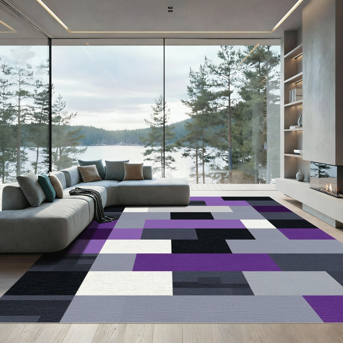 Modern Purple Gray Geometric Blocks Rug