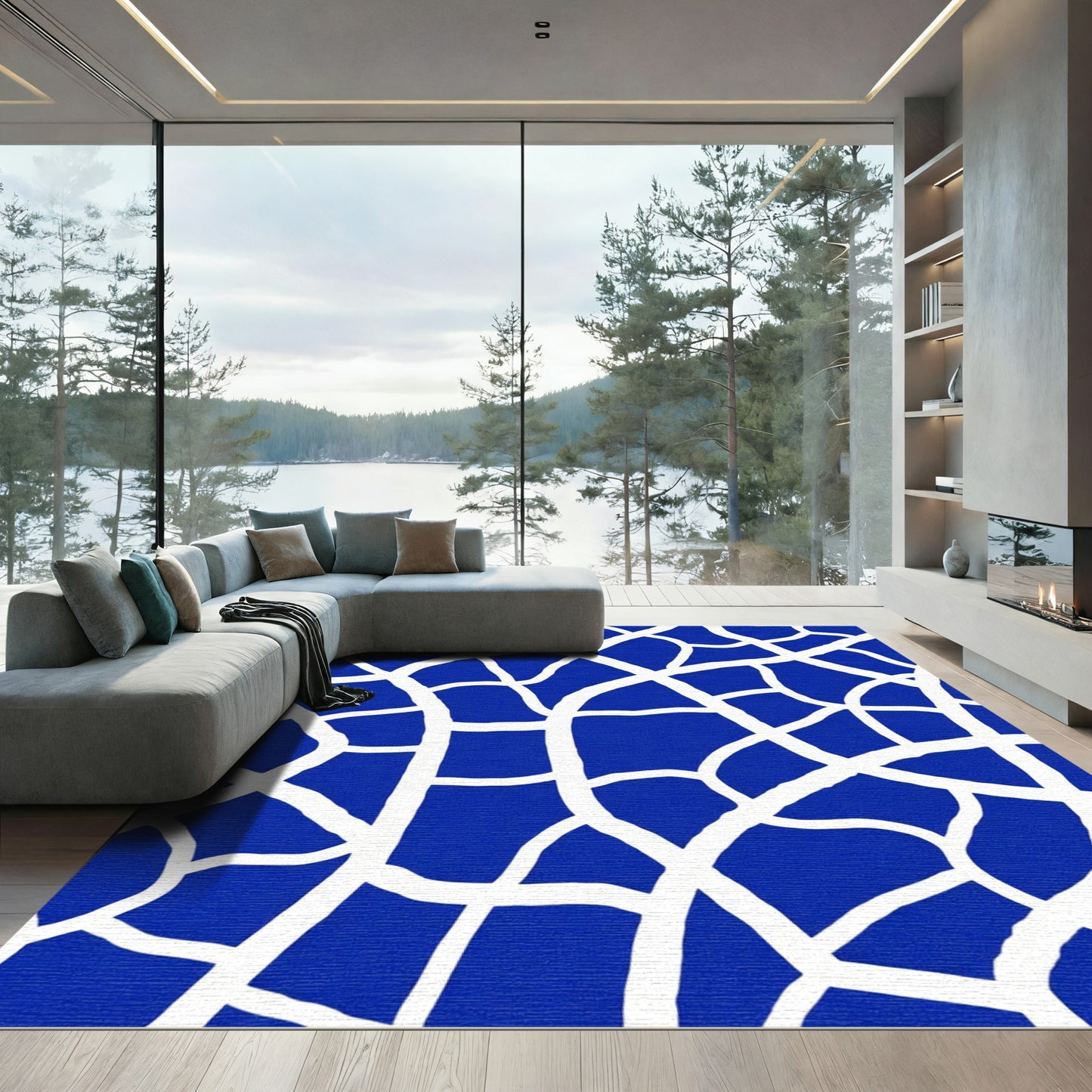 Deep Blue Organic Network Weave Rug