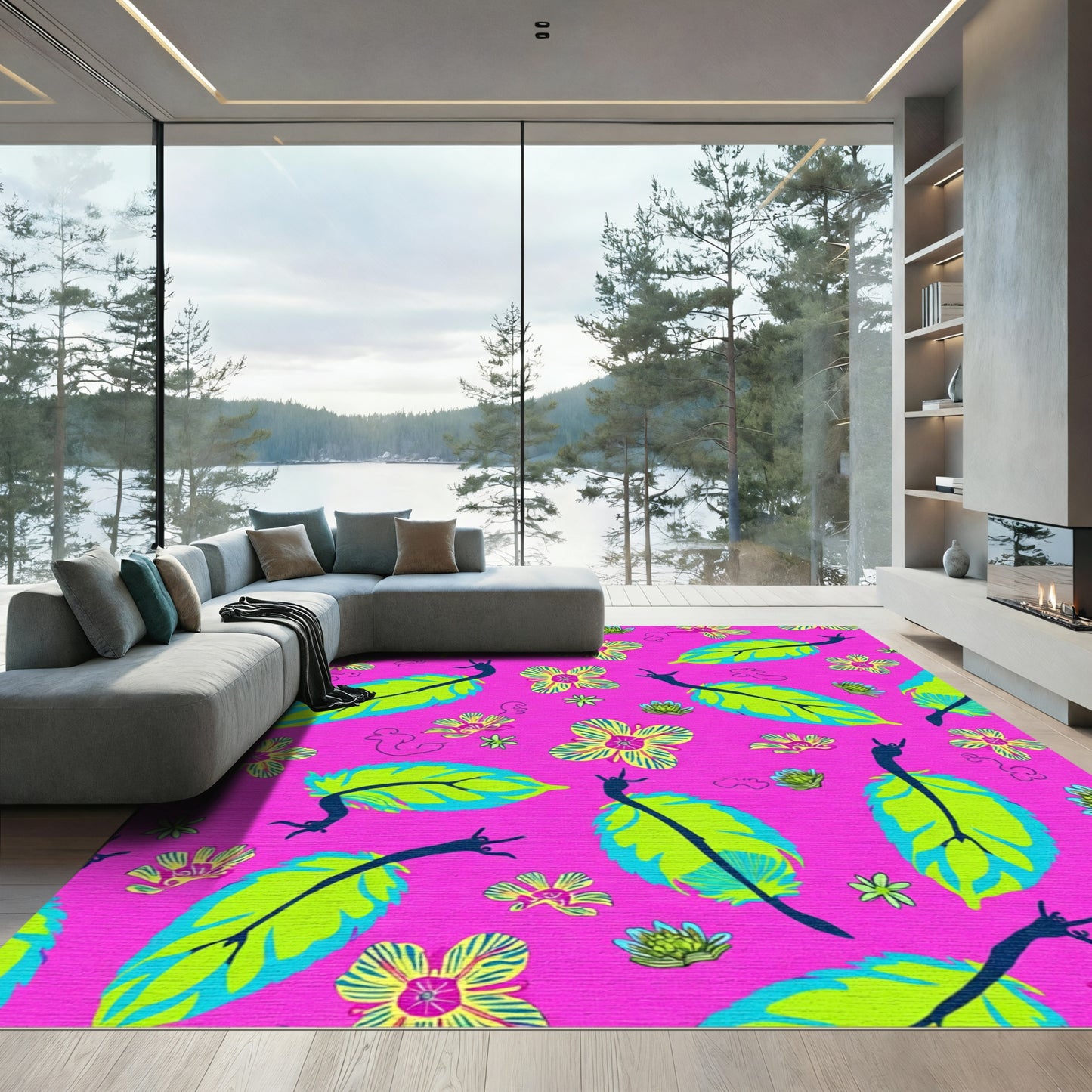 Vibrant Pink Exotic Leaf Flower Rug