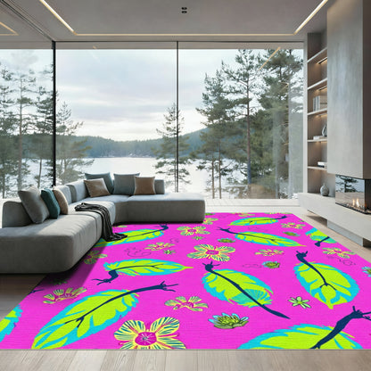 Vibrant Pink Exotic Leaf Flower Rug