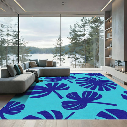 Bright Blue Tropical Leaf Collage Rug