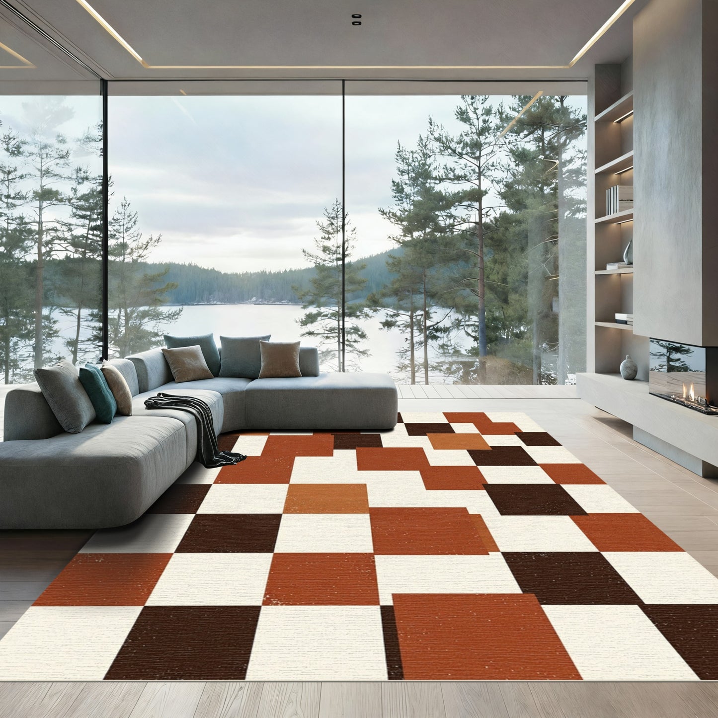 Terracotta Ochre Checkerboard Squares Rug