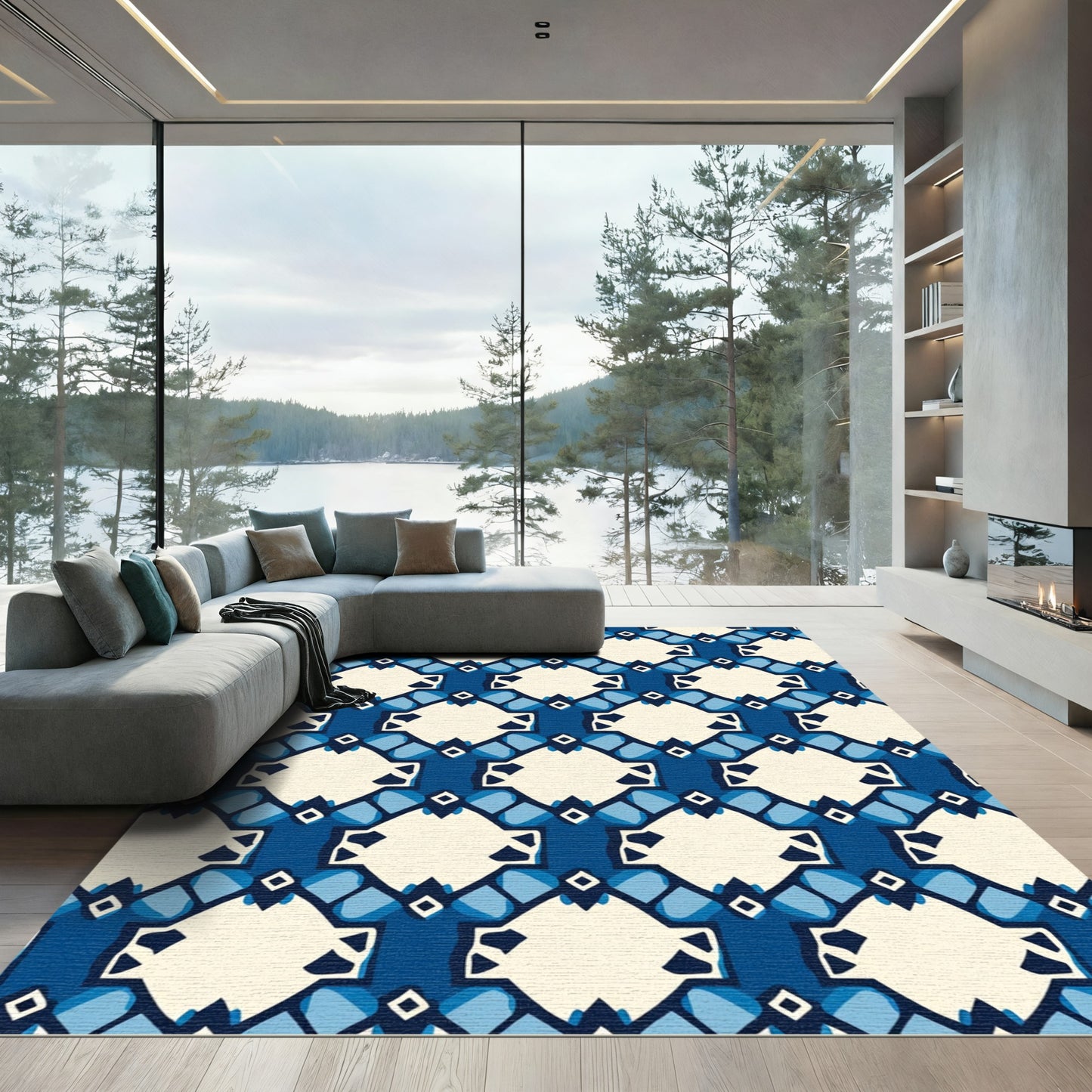 Deep Blue Ivory Geometric Lattice Rug