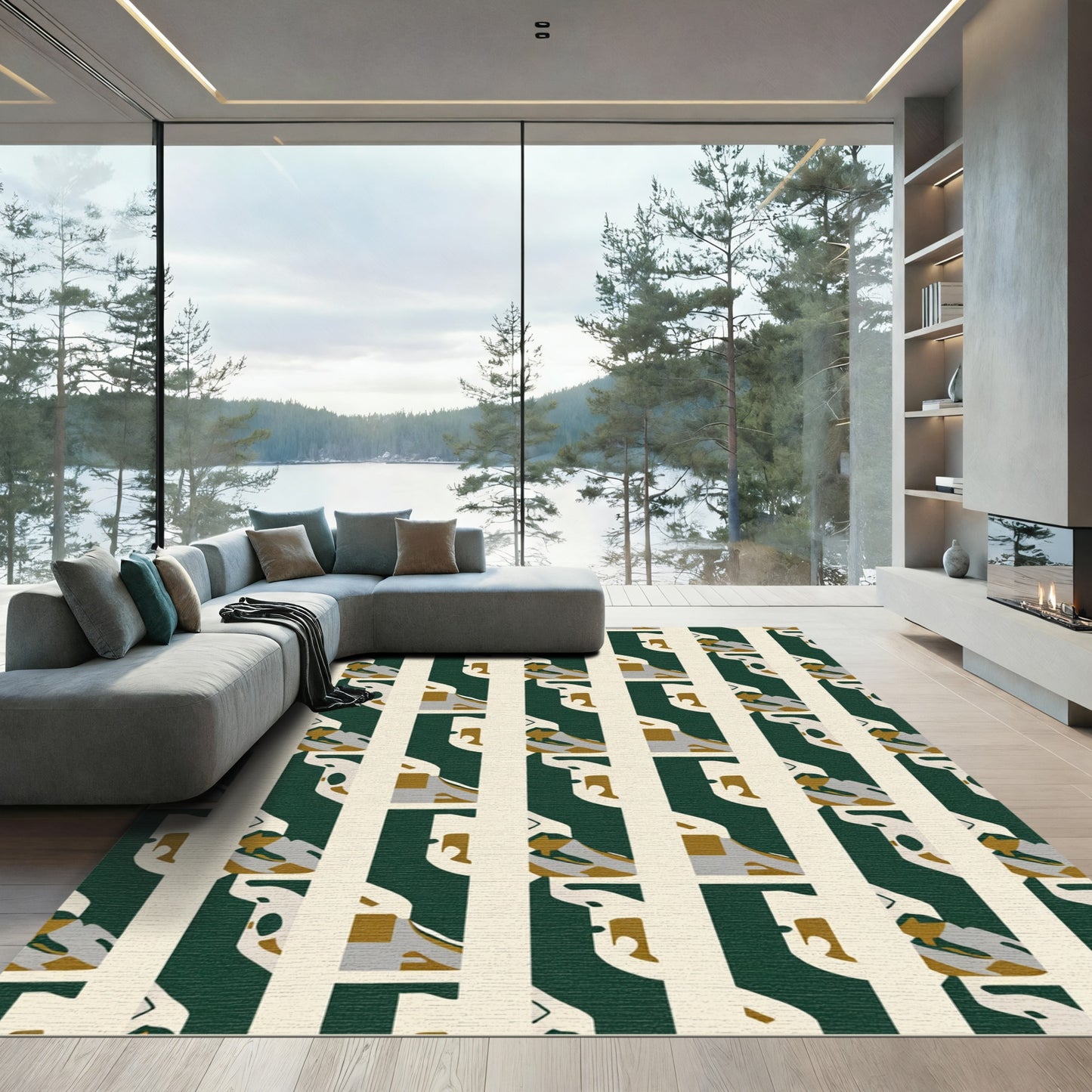 Modern Cream Gold Green Asymmetrical Rug