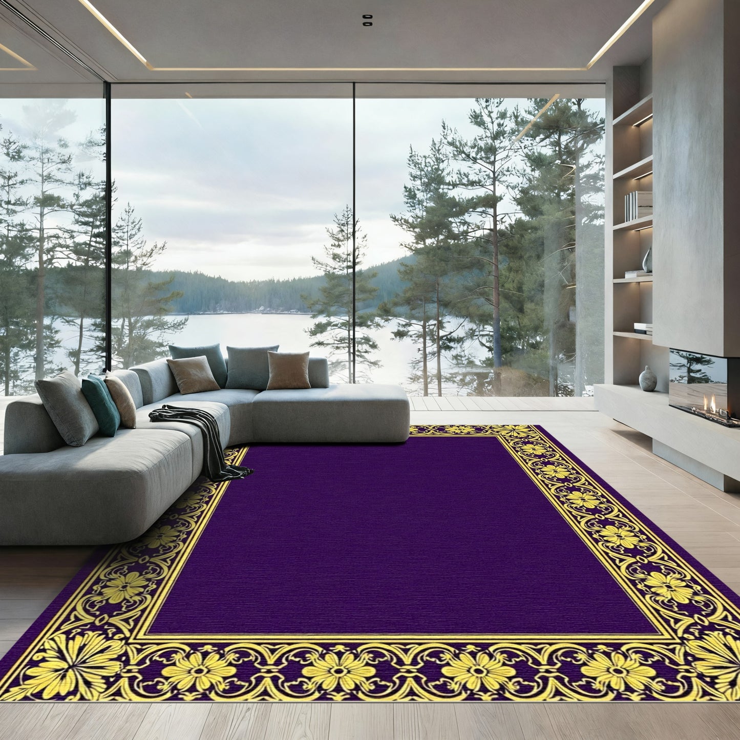 Regal Purple Yellow Floral Border Rug