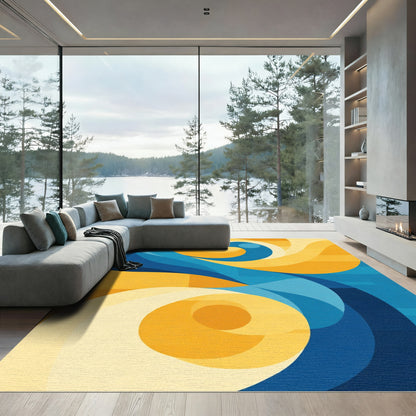 Modern Blue Golden Swirl Waves Rug