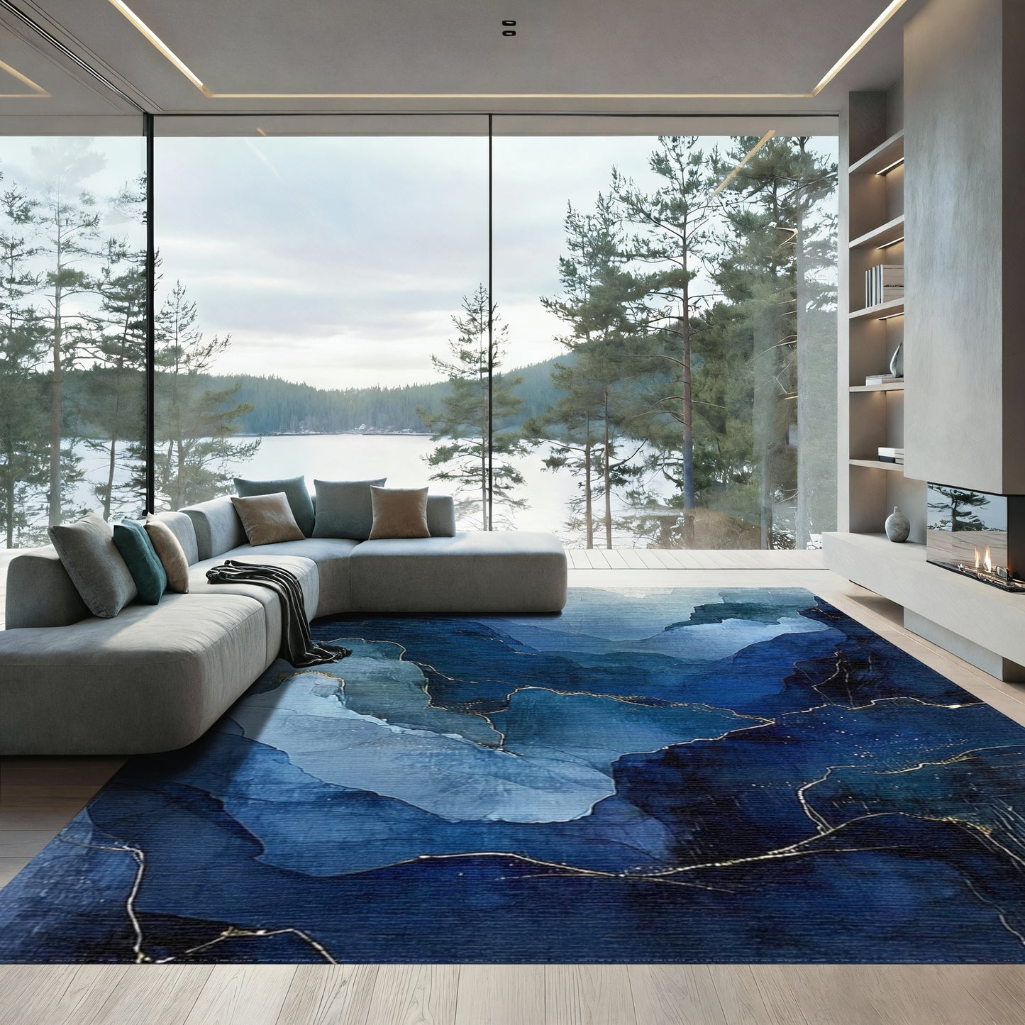 Navy Blue Layered Peaks Gold Rug