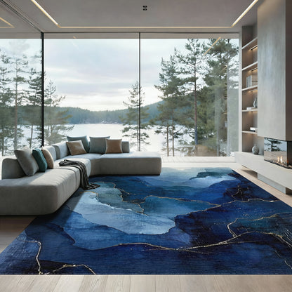 Navy Blue Layered Peaks Gold Rug