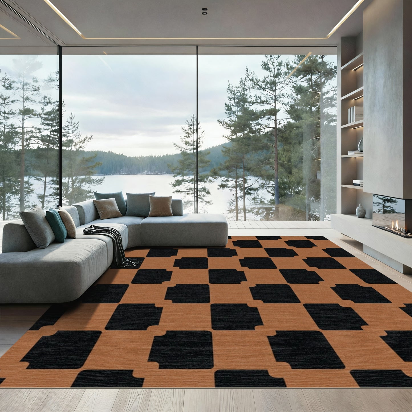 Brown Black Checkerboard Squares Rug