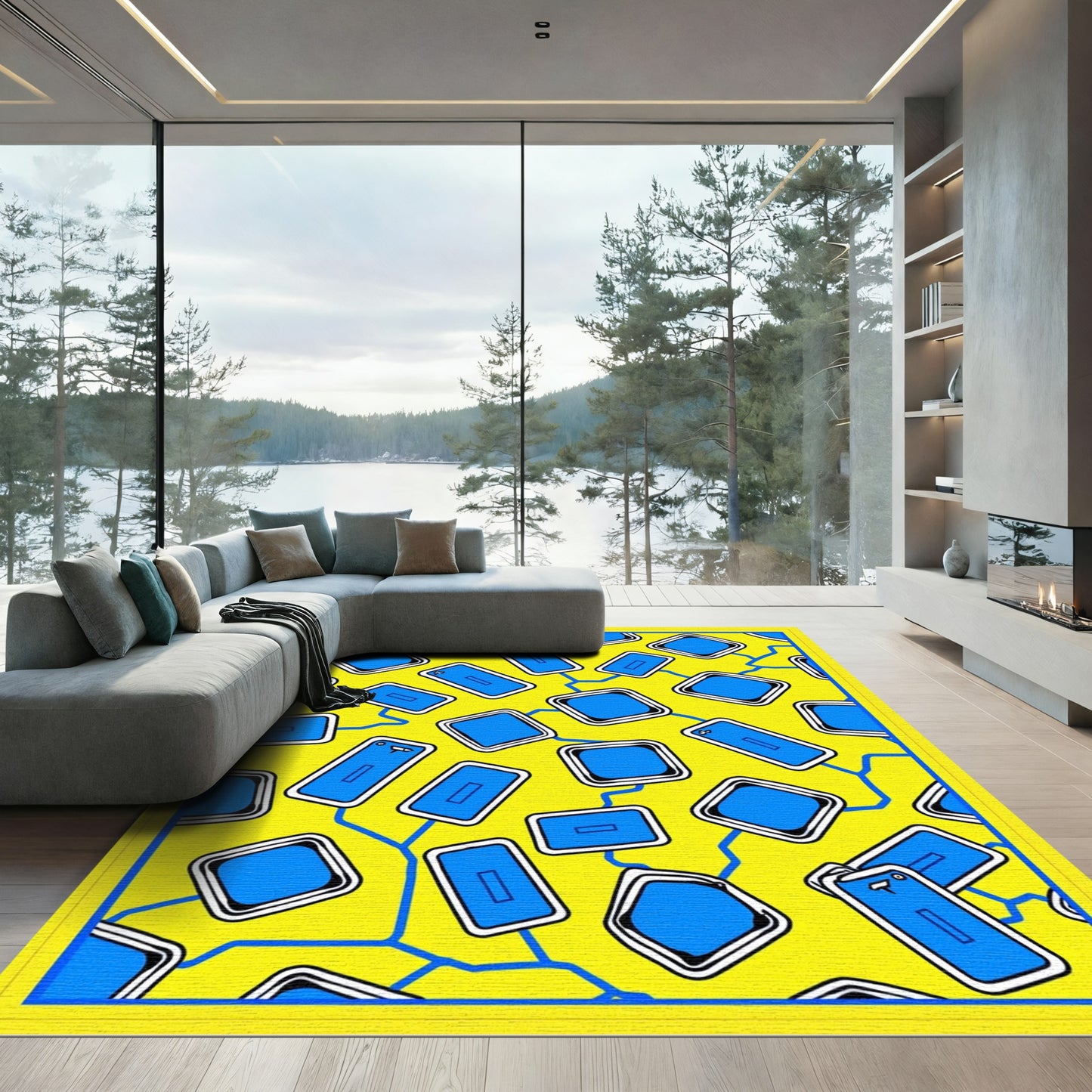 Retro Yellow Blue Digital Grid Rug
