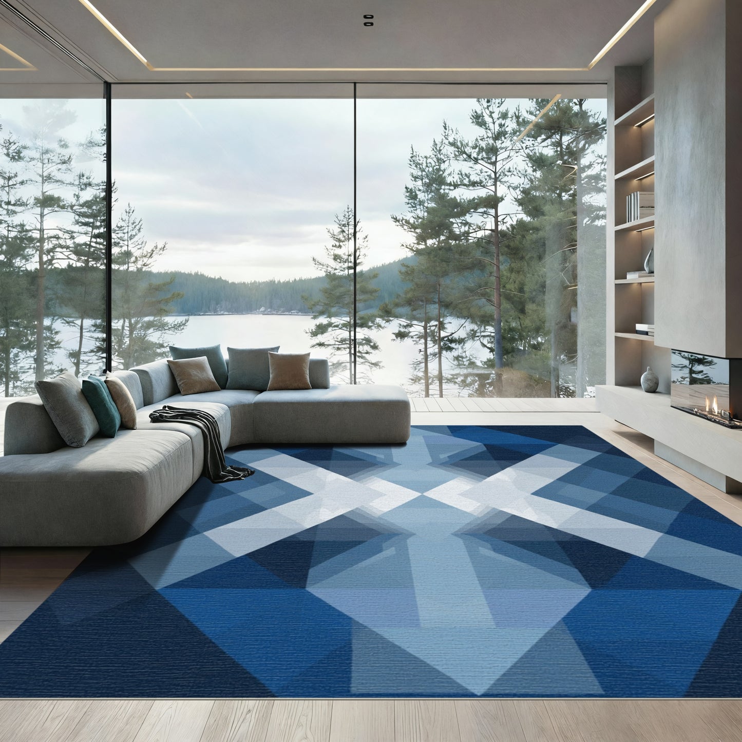 Deep Blue Geometric Prism Rug