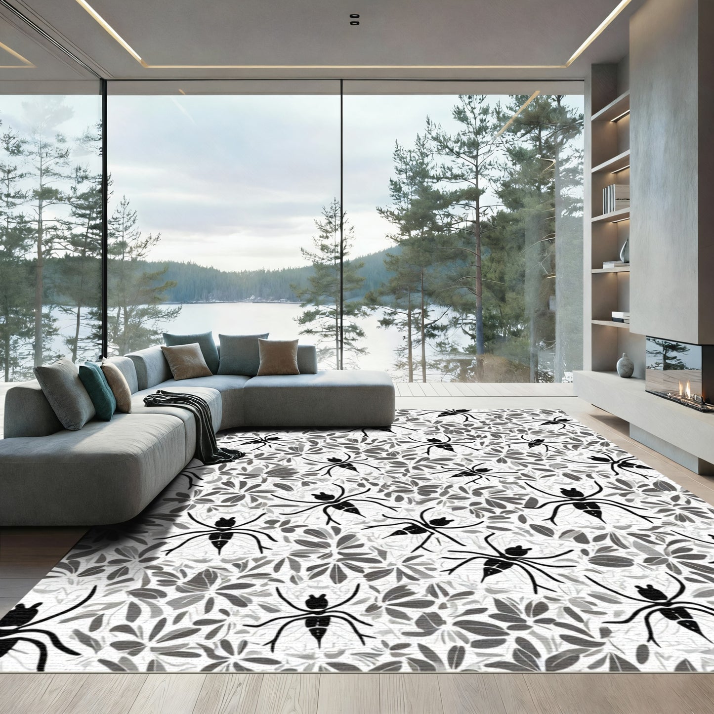 Black Spider Silhouette Floral Pattern Rug