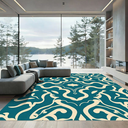 Teal Cream Damask Scrollwork Rug