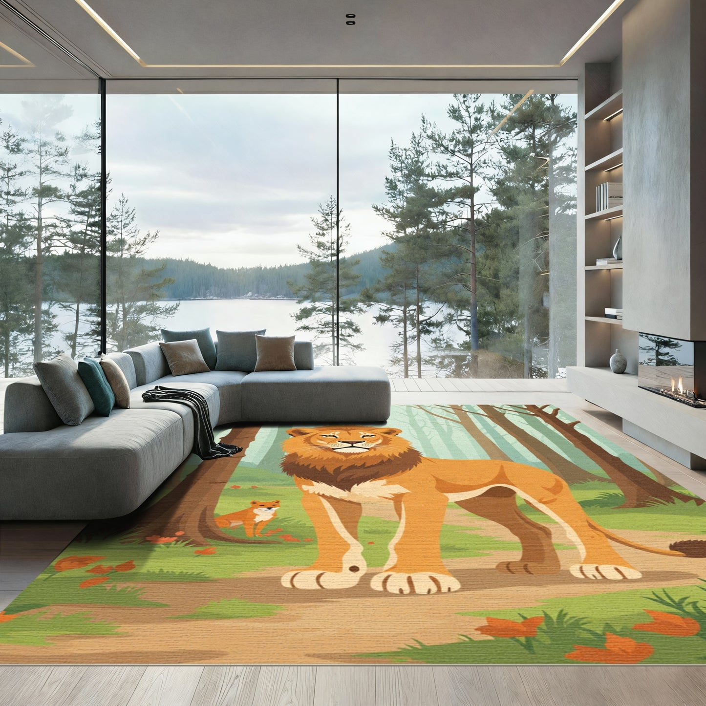 Majestic Lion In Forest Scene Rug