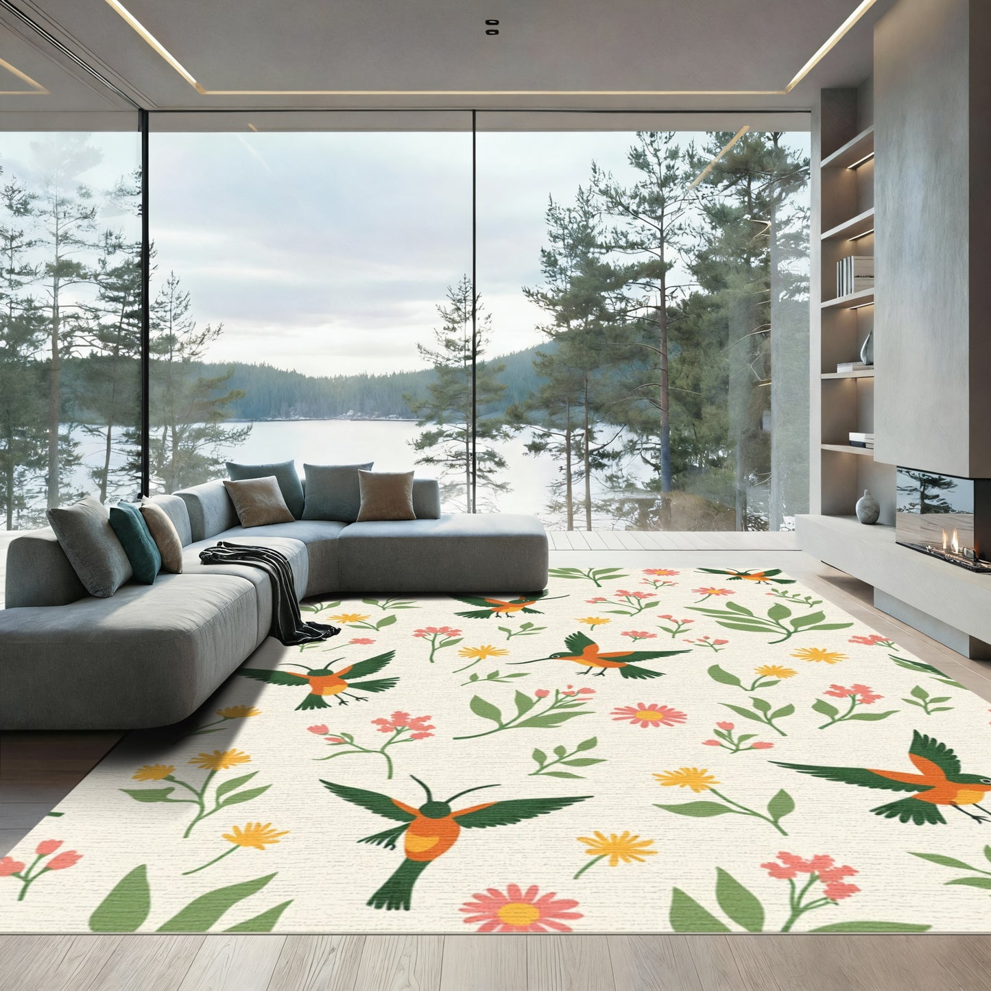 Whimsical Orange Hummingbird Floral Field Rug