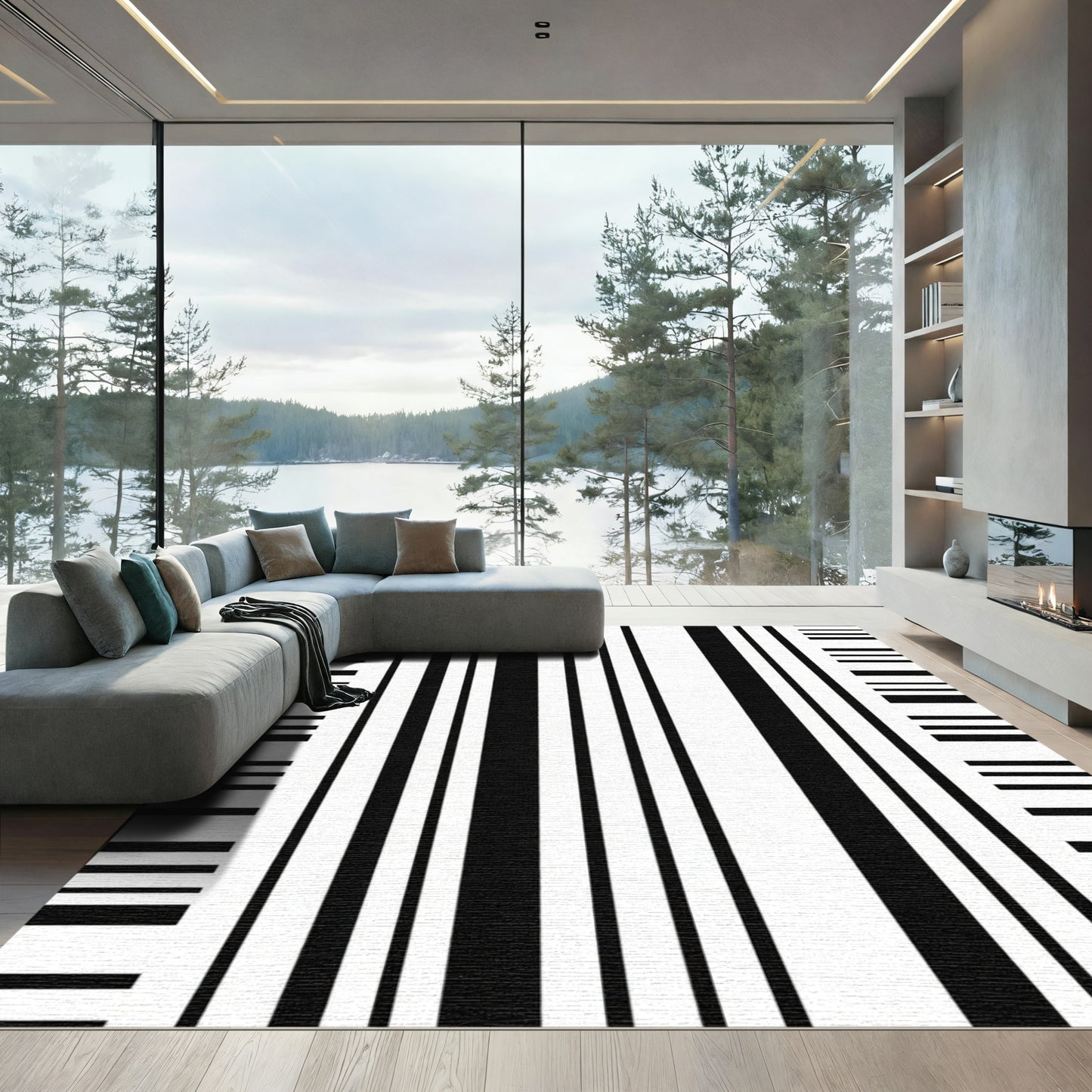 Bold Black White Minimalist Stripes Rug