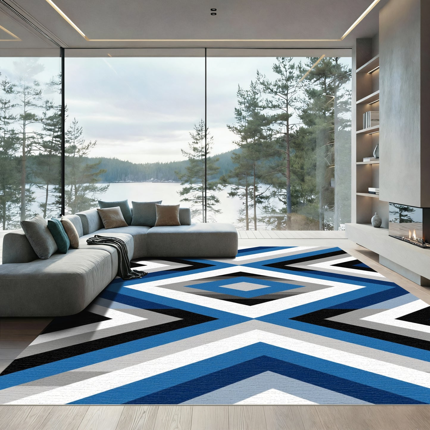 Bold Blue Gray Diamond Geometric Rug