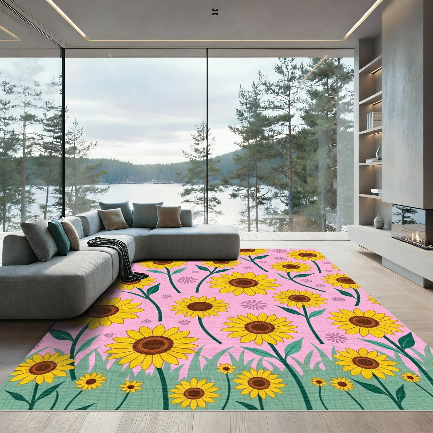 Sunny Yellow Sunflower Field Rug