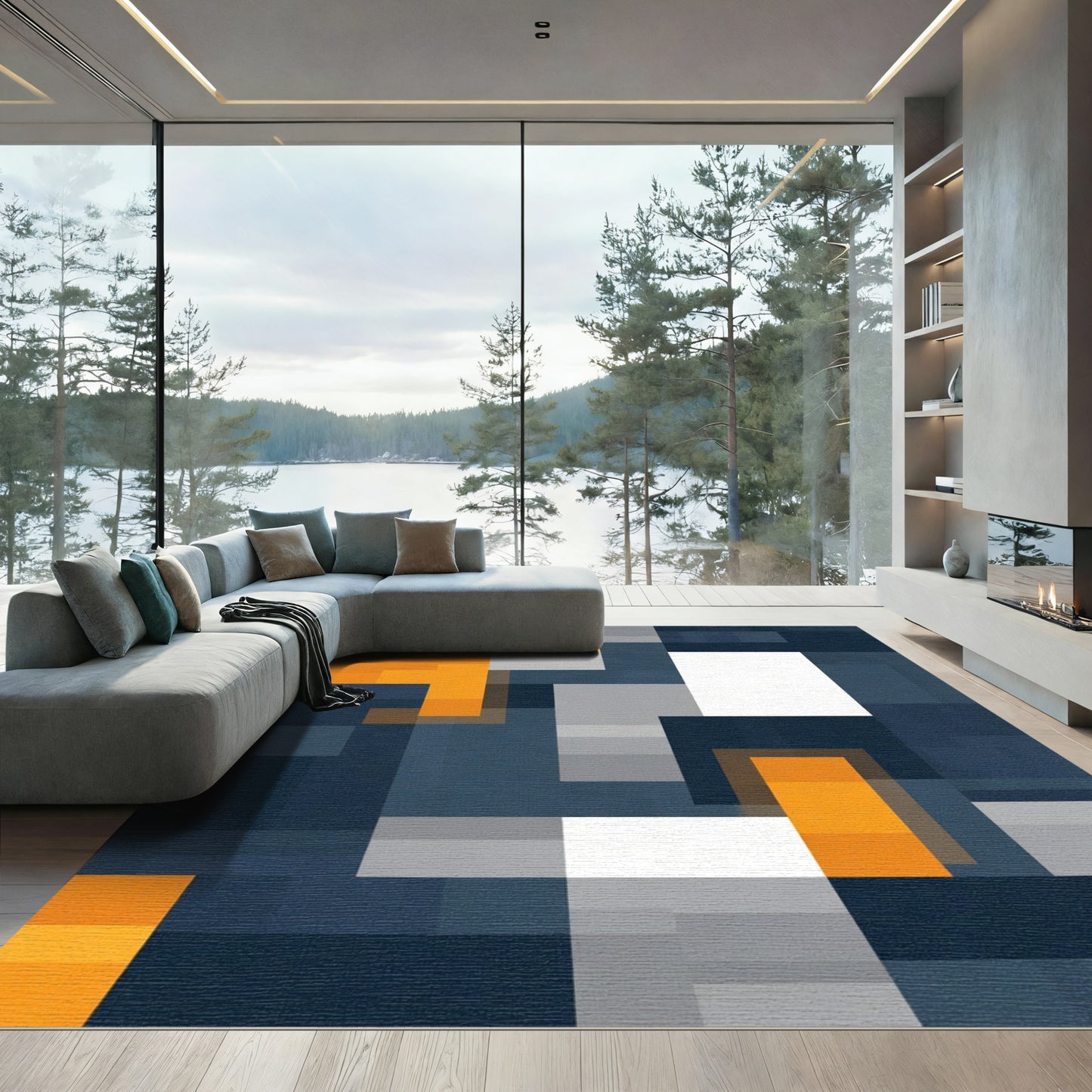 Modern Deep Blue Abstract Geometric Rug