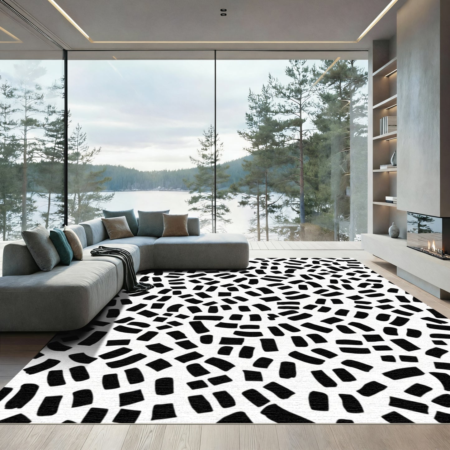Black Abstract Brushstroke Sprinkle Rug