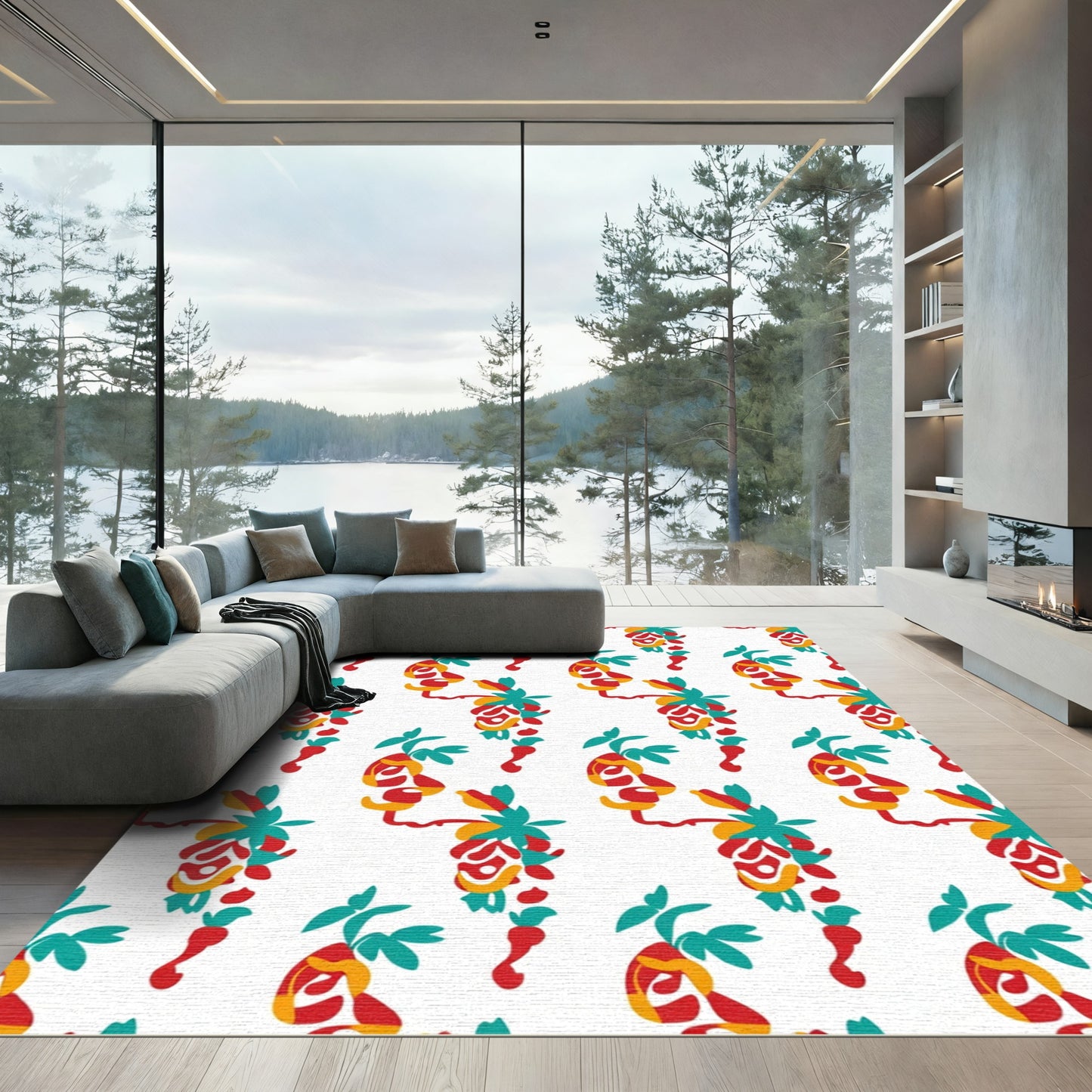 Bright Red Yellow Teal Floral Garland Rug