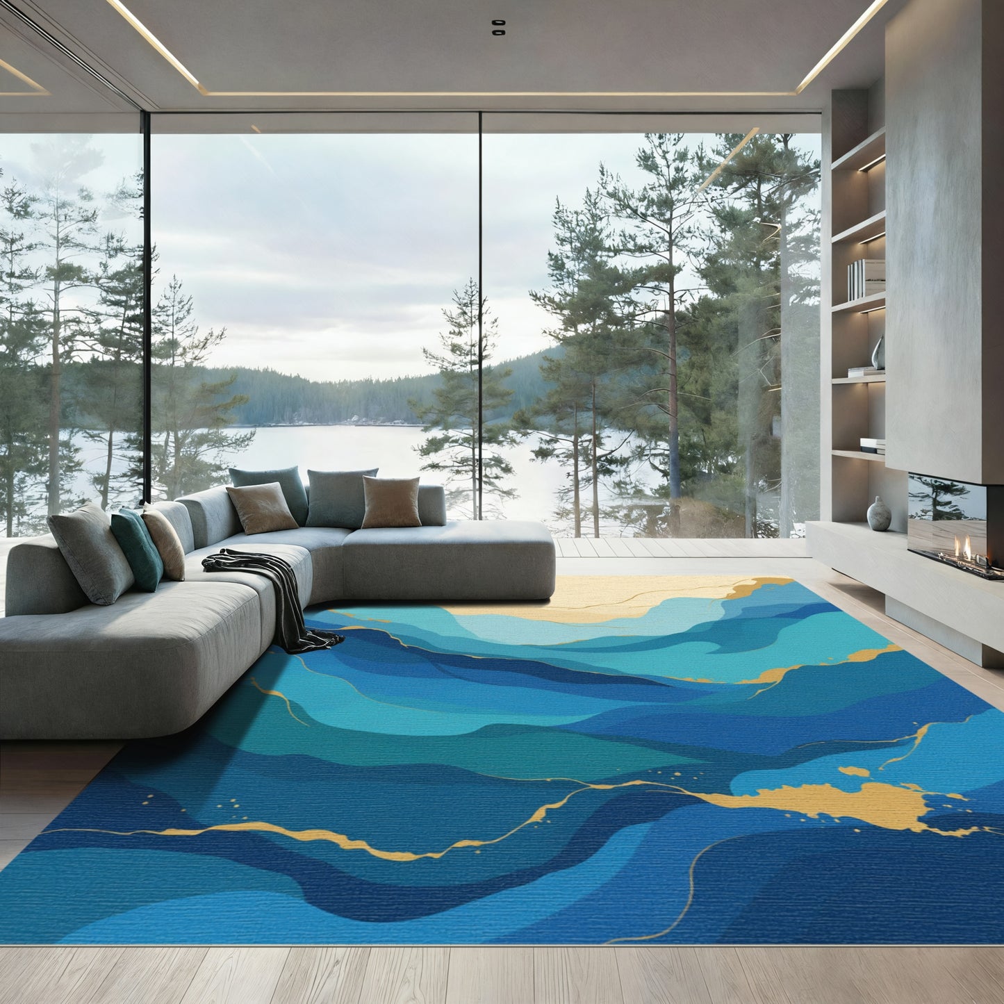 Deep Blue Wave Abstract Gold Veins Rug