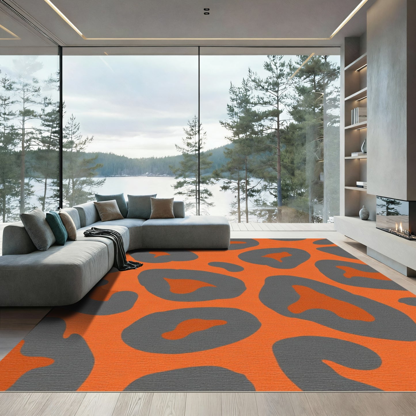 Bold Orange Gray Leopard Print Rug