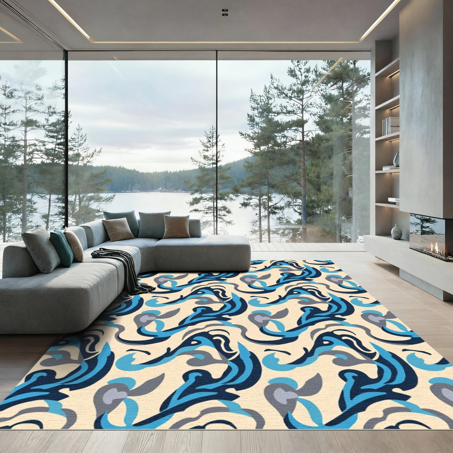 Abstract Blue Waves Fluid Organic Rug