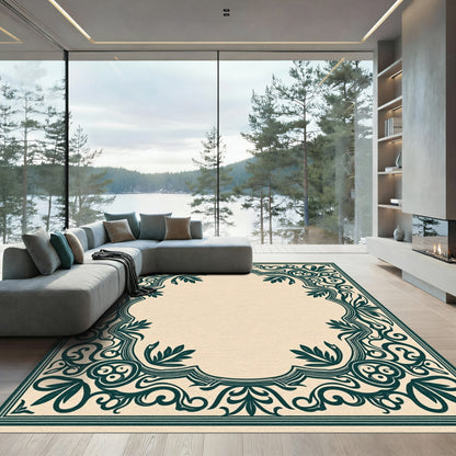 Elegant Emerald Scroll Leaf Border Rug
