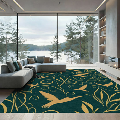 Golden Birds Amidst Teal Foliage Rug